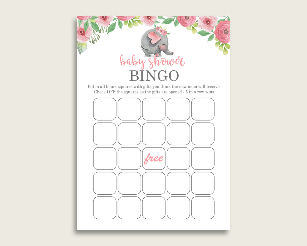 Pink Grey Baby Shower Bingo Blank Game Printable, Pink Elephant Baby Shower Girl Bingo Blank Cards, Bingo Gift Opening Game, ep001
