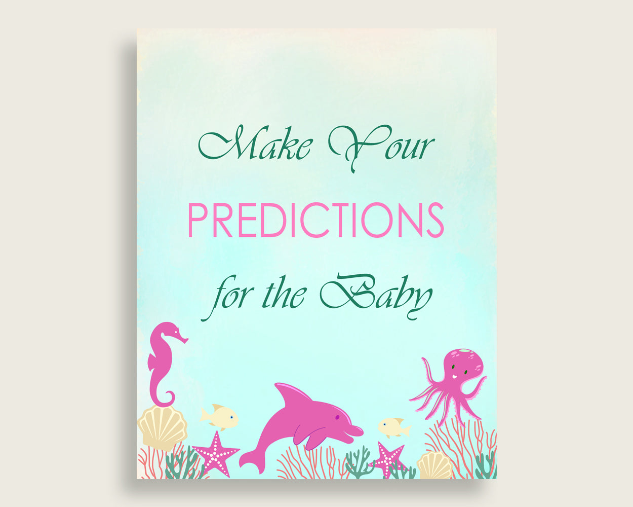 Under The Sea Baby Shower Prediction Cards & Sign Printable, Pink Green Baby Prediction Game Girl, Instant Download, Ocean Octopus uts01