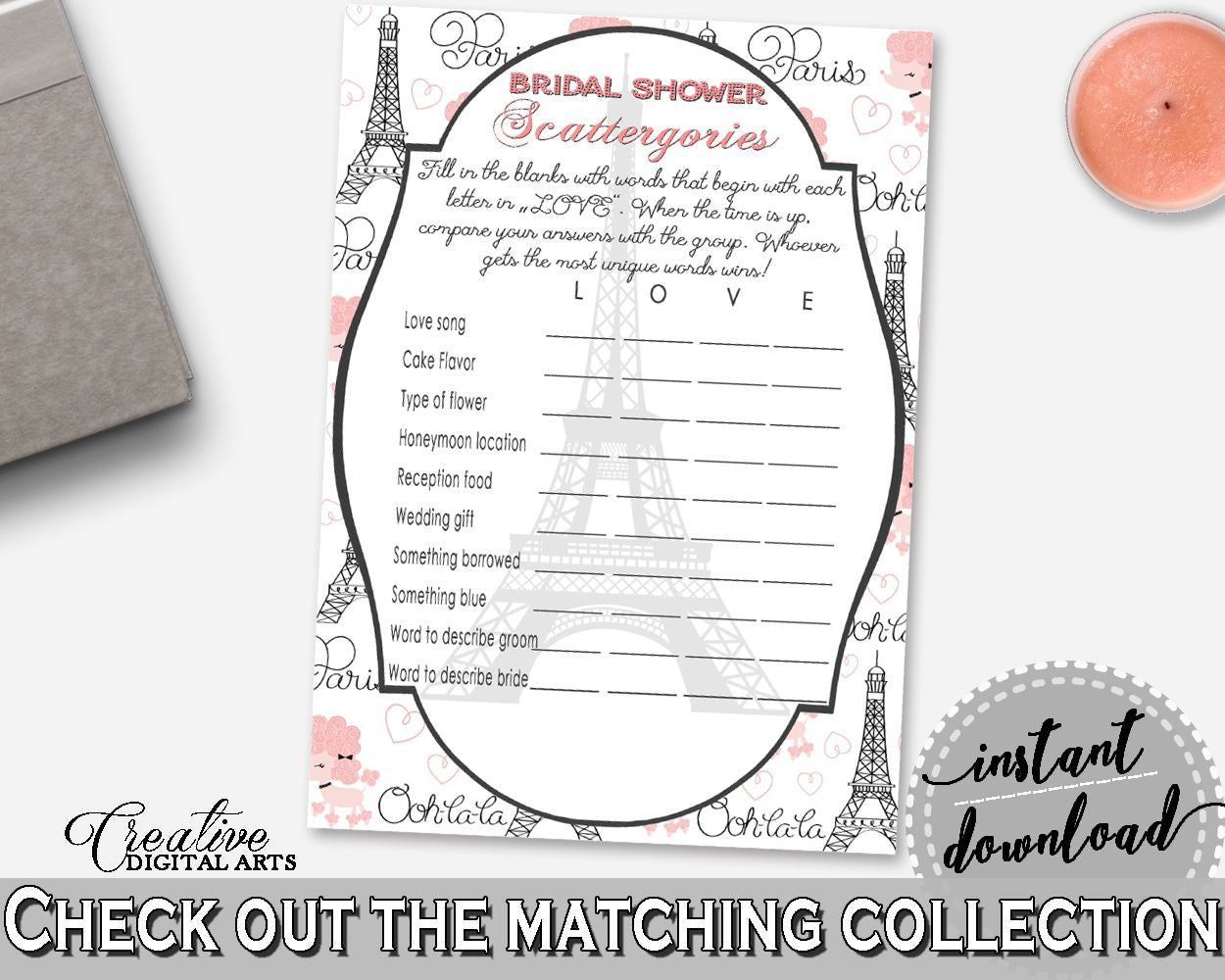 Paris Bridal Shower Scattergories Game in Pink And Gray, shower scattergories, bridal shower paris, pdf jpg, printables, prints - NJAL9 - Digital Product