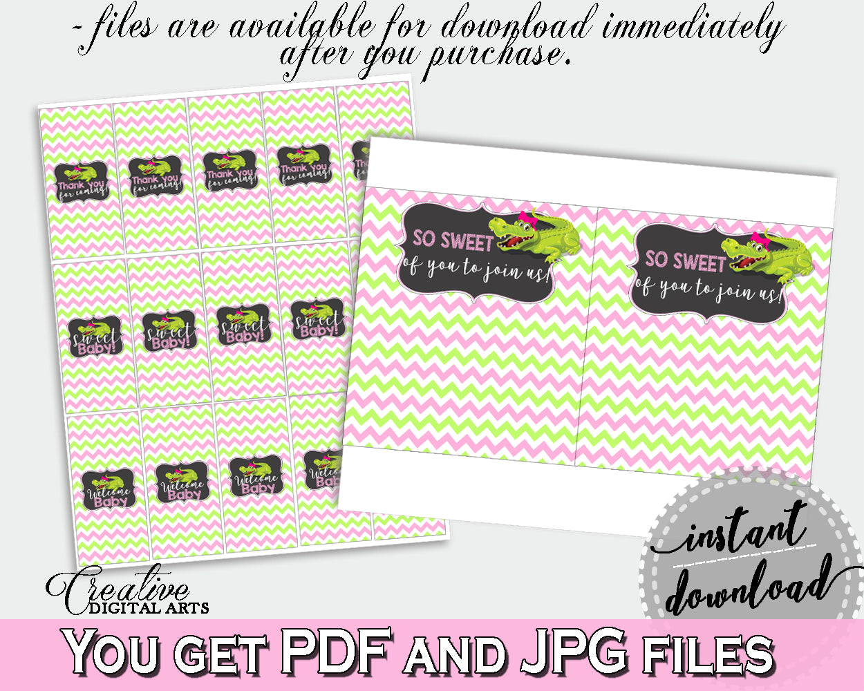 Baby shower CANDY BAR decoration wrappers and labels printable with green alligator and pink color theme for girl, instant download - ap001