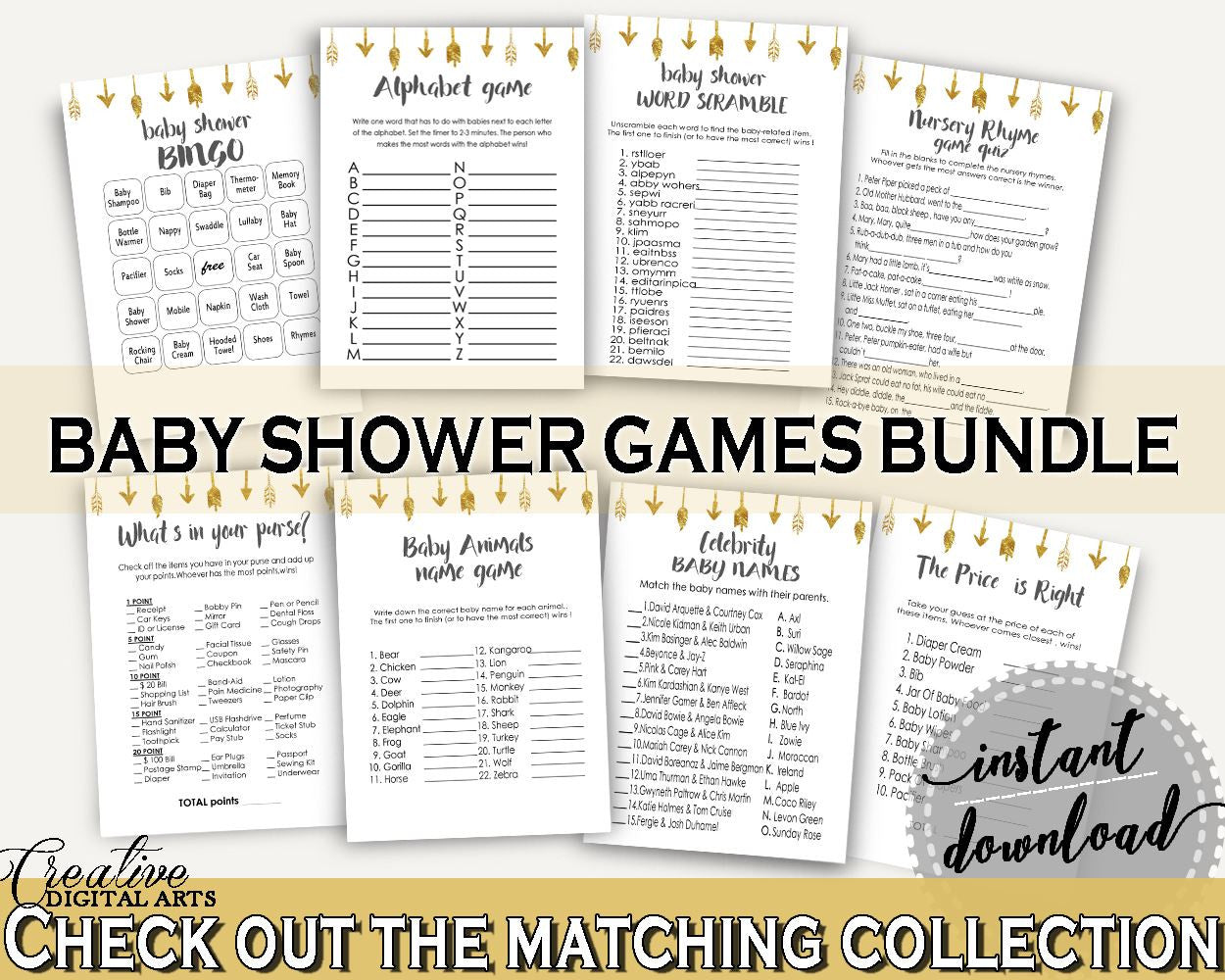 Games Baby Shower Games Gold Arrows Baby Shower Games Baby Shower Gold Arrows Games Gold White party planning - I60OO - Digital Product