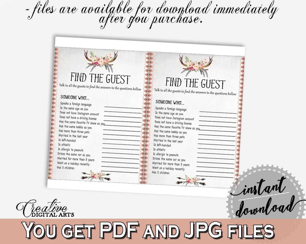 Antlers Flowers Bohemian Bridal Shower Find The Guest Game in Gray and Pink, party icebreaker, boho rustic shower, party plan - MVR4R - Digital Product