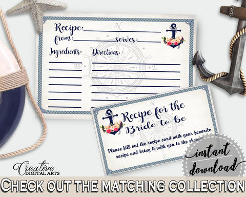 Navy Blue Nautical Anchor Flowers Bridal Shower Theme: Recipe For The Bride To Be - share recipe cards, navigate, digital print - 87BSZ - Digital Product