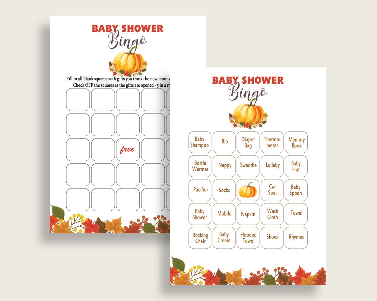Bingo Baby Shower Bingo Fall Baby Shower Bingo Baby Shower Pumpkin Bingo Orange Brown party supplies printable files prints BPK3D - Digital Product