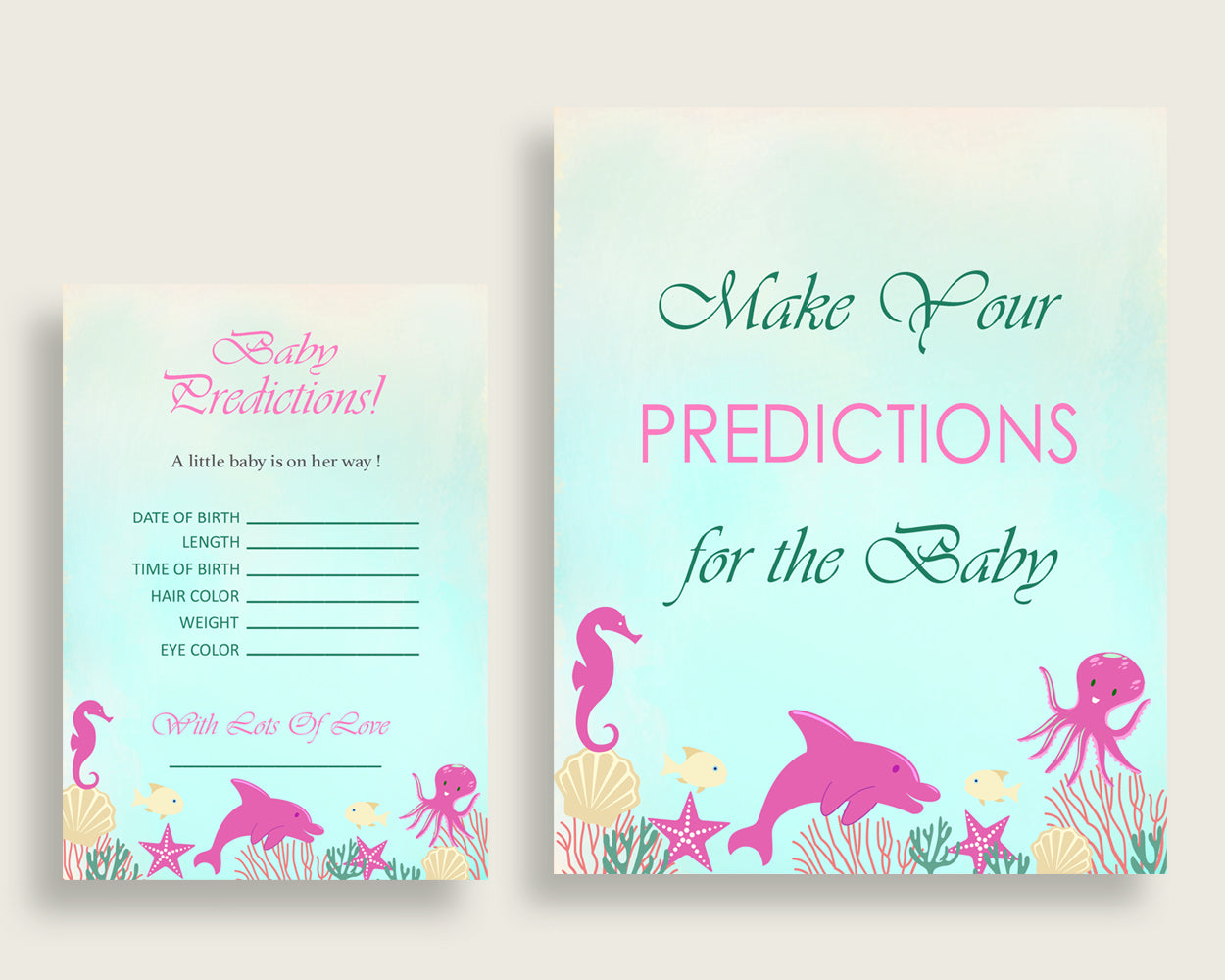 Under The Sea Baby Shower Prediction Cards & Sign Printable, Pink Green Baby Prediction Game Girl, Instant Download, Ocean Octopus uts01