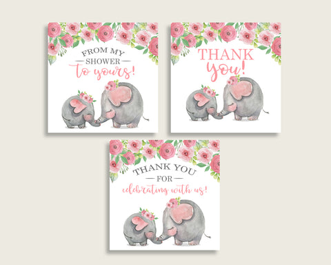 Pink Elephant Baby Shower Square Thank You Tags 2 inch Printable, Pink Grey Girl Shower Gift Tags, Hang Tags Labels, Instant Download ep001