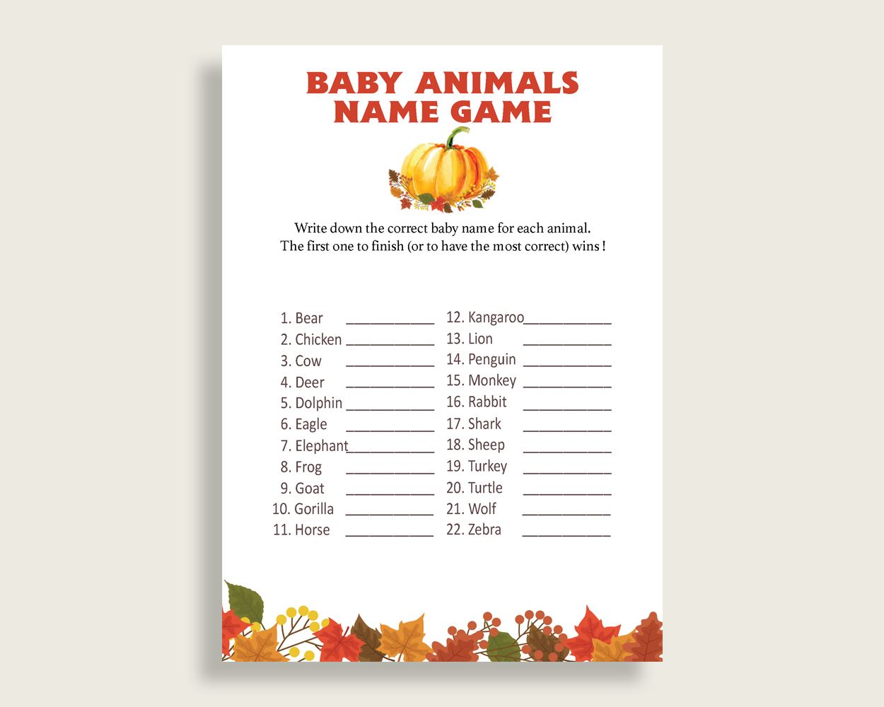 Baby Animal Names Baby Shower Baby Animal Names Fall Baby Shower Baby Animal Names Baby Shower Pumpkin Baby Animal Names Orange Brown BPK3D - Digital Product