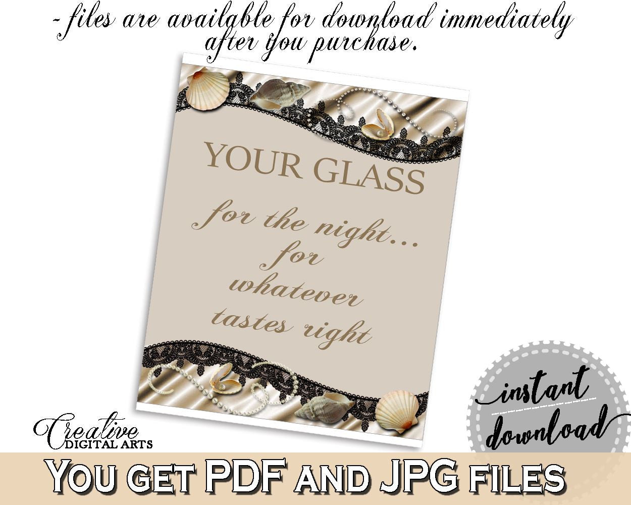 Seashells And Pearls Bridal Shower Your Glass For The Night Sign in Brown And Beige, wedding signage, party organization, prints - 65924 - Digital Product
