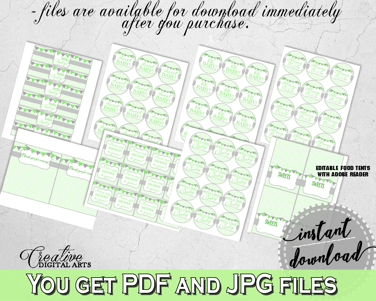 Green Baby Boy or Girl Shower Decoration package bundle printable with chevron green theme, Jpg Pdf - Instant Download - cgr01