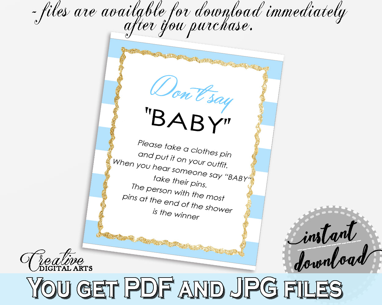 DON'T SAY BABY printable game for baby shower with blue and white stripes, glitter gold, digital files, Jpg Pdf, instant download - bs002
