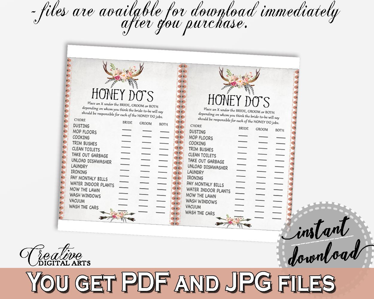 Gray and Pink Antlers Flowers Bohemian Bridal Shower Theme: Honey Do List - sweetie operate, boho rustic shower, party plan, prints - MVR4R - Digital Product