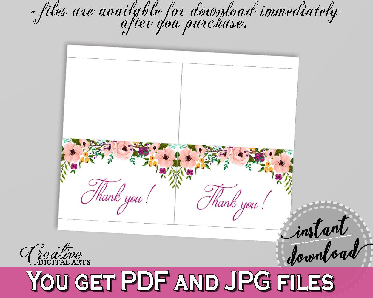 White And Pink Watercolor Flowers Bridal Shower Theme: Thank You Card - thanks for coming, pink flowers shower, customizable files - 9GOY4 - Digital Product