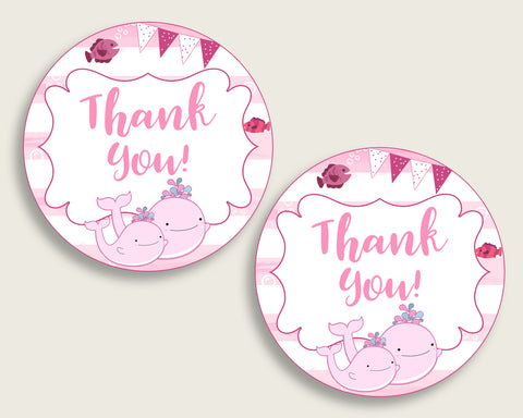 Pink Whale Baby Shower Round Thank You Tags 2 inch Printable, Pink White Favor Gift Tags, Girl Shower Hang Tags Labels, Digital File wbl02