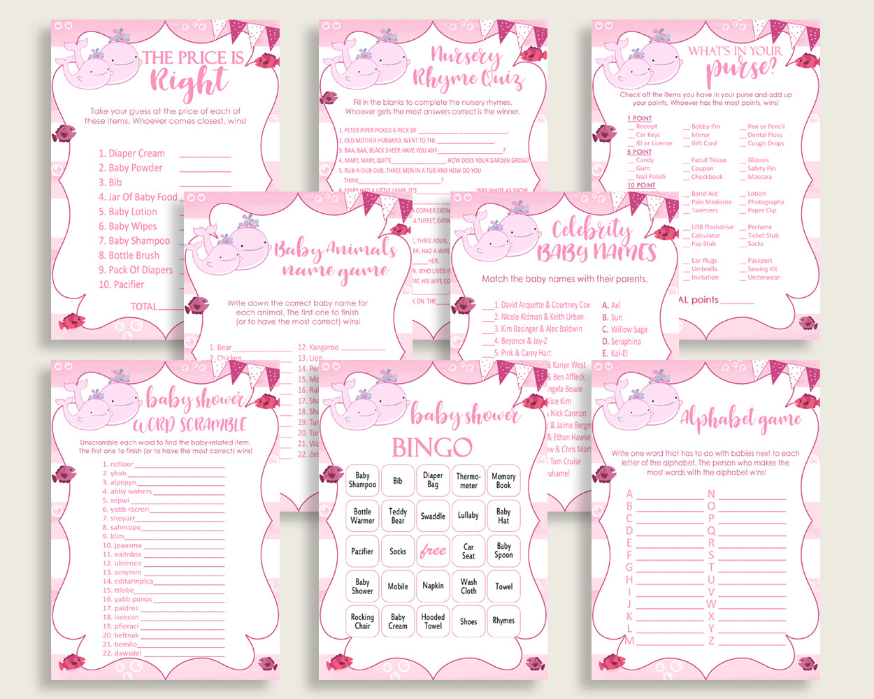 Pink Whale Baby Shower Games Printable Pack, Pink White Baby Shower Games Package Girl, Pink Whale Games Bundle Set, Instant Download, wbl02