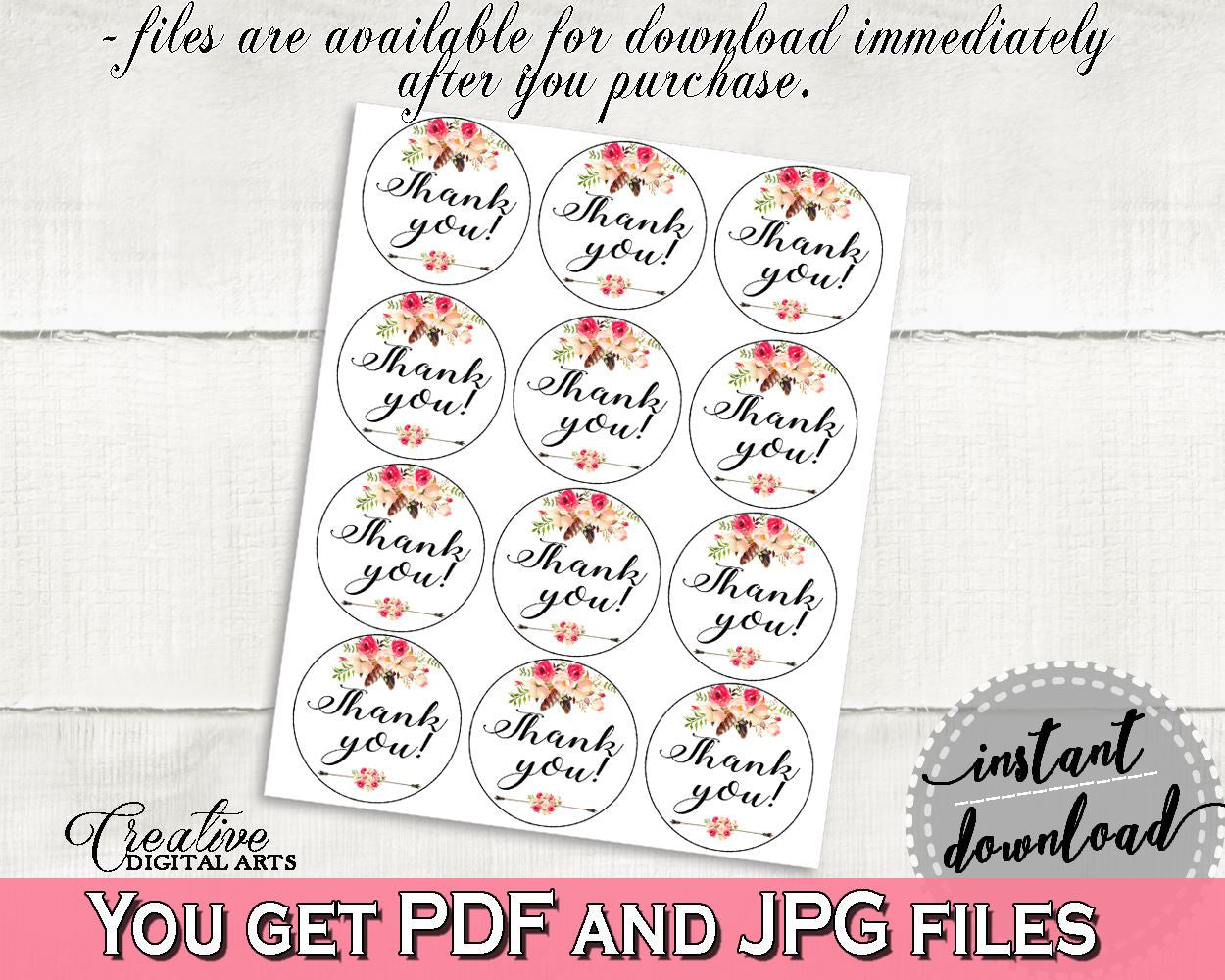 Thank You Tag in Bohemian Flowers Bridal Shower Pink And Red Theme, round favor tags, shabby chic, printables, prints, digital print - 06D7T - Digital Product