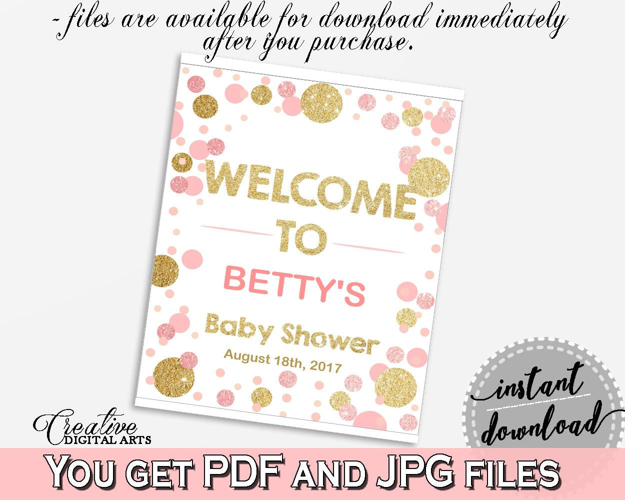 Pink Gold Welcome Sign, Baby Shower Welcome Sign, Dots Baby Shower Welcome Sign, Baby Shower Dots Welcome Sign party stuff - RUK83 - Digital Product