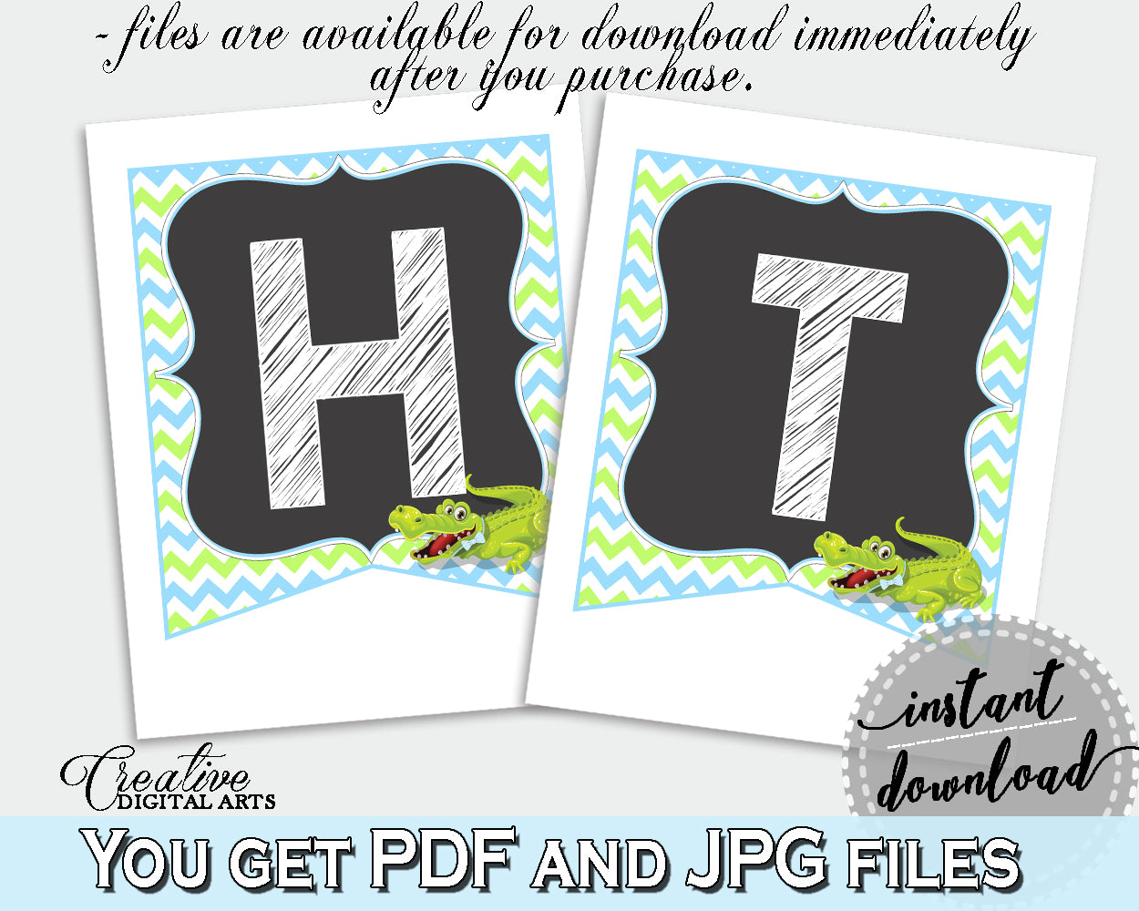 Baby shower BANNER decoration printable with green alligator and blue color theme, instant download - ap002