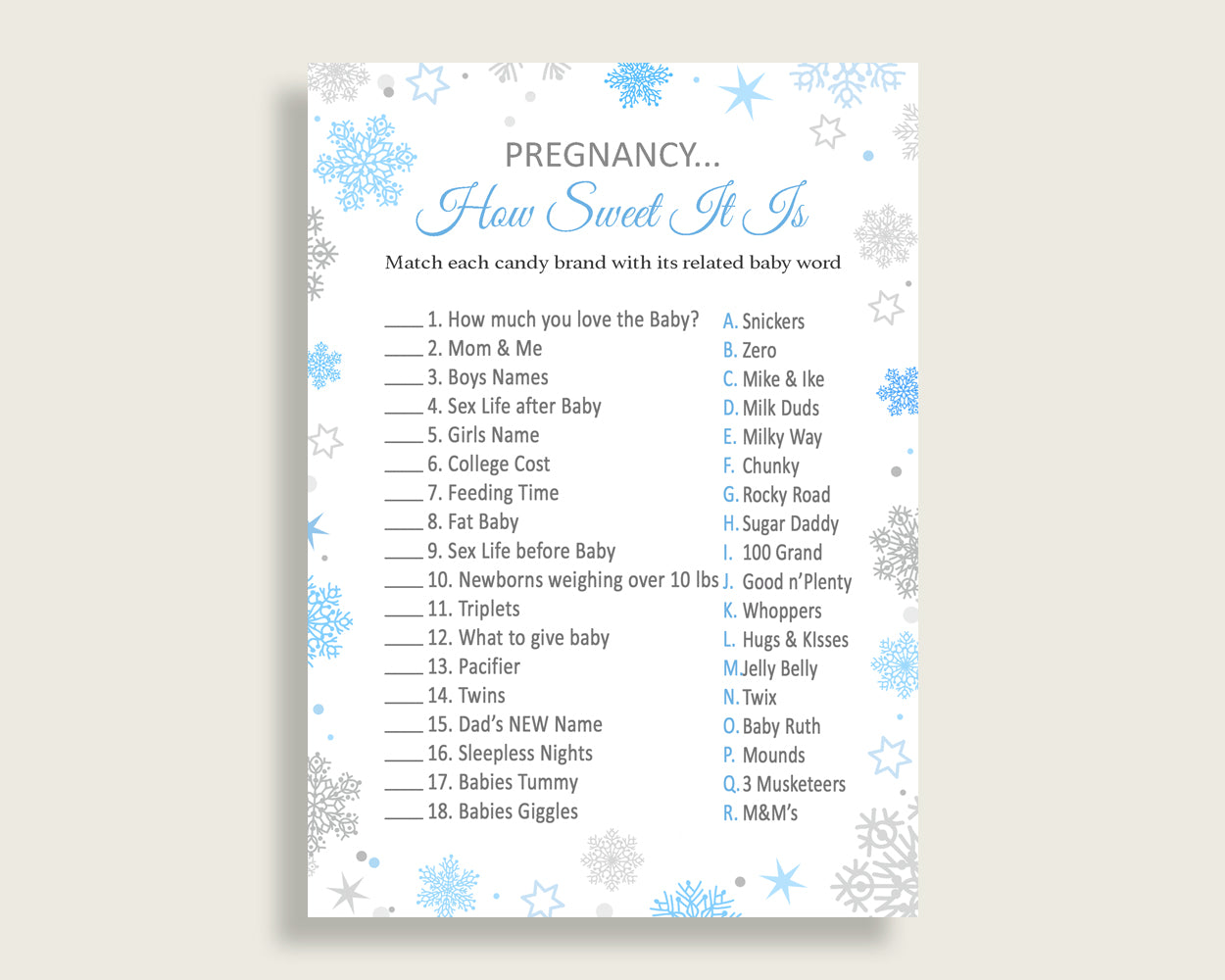 Candy Bar Game Baby Shower Candy Bar Game Snowflake Baby Shower Candy Bar Game Blue Gray Baby Shower Snowflake Candy Bar Game prints NL77H