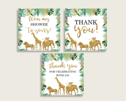 Jungle Baby Shower Square Thank You Tags 2 inch Printable, Gold Green Gender Neutral Shower Gift Tags, Hang Tags Labels, Instant EJRED