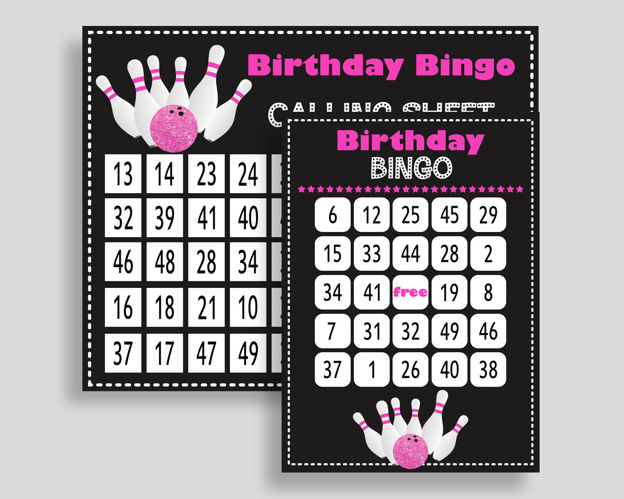 Bowling Bingo Game Cards, Bowling Birthday Game, Printable Pink Black Bingo Prefilled, Numbered Bingo 60 Cards, Bingo Girl, WYP5V