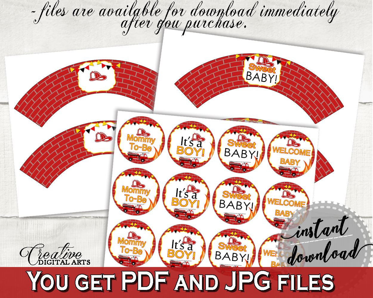 Cupcake Toppers And Wrappers Baby Shower Cupcake Toppers And Wrappers Fireman Baby Shower Cupcake Toppers And Wrappers Red Yellow Baby LUWX6 - Digital Product