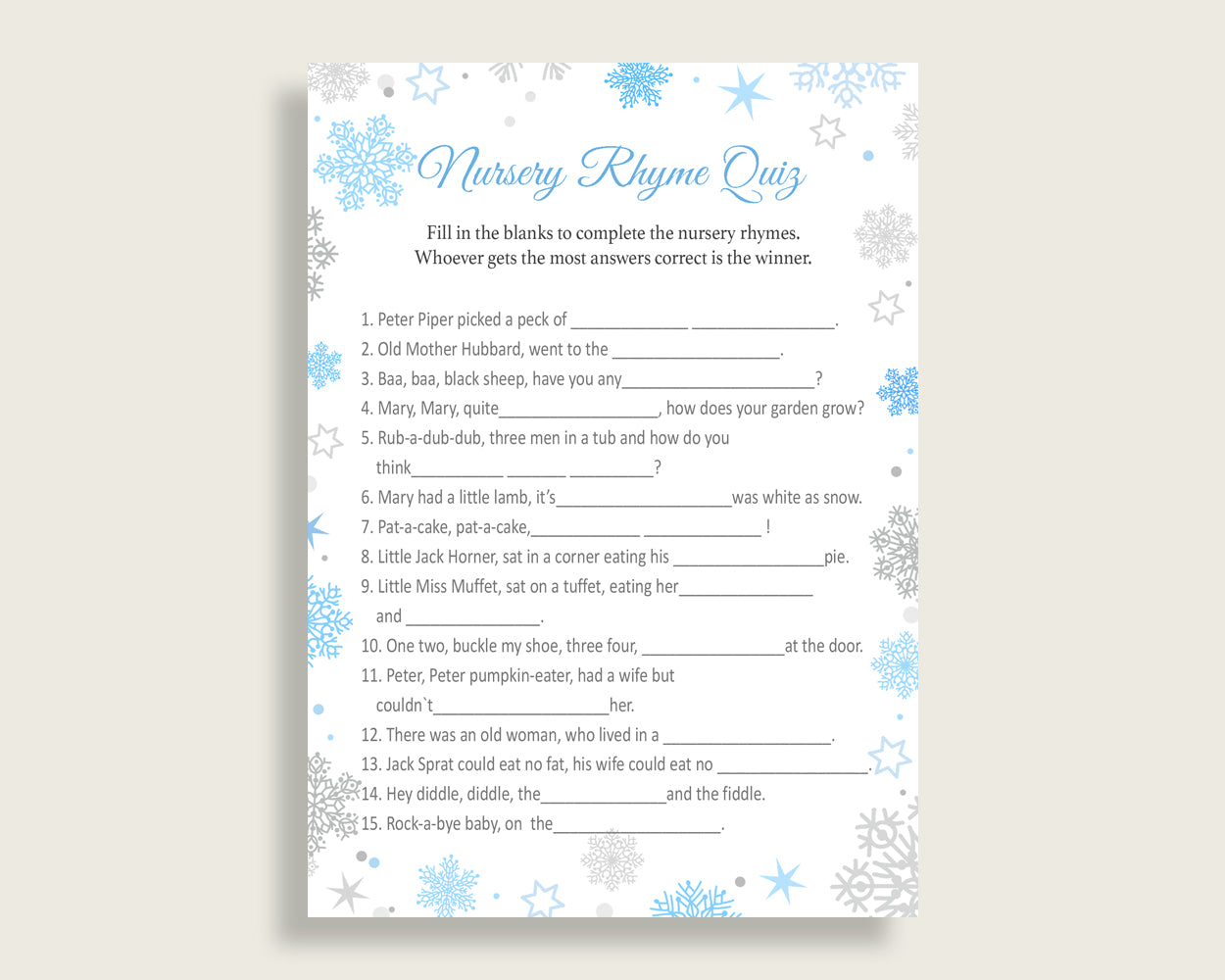 Nursery Rhyme Quiz Baby Shower Nursery Rhyme Quiz Snowflake Baby Shower Nursery Rhyme Quiz Blue Gray Baby Shower Snowflake Nursery NL77H