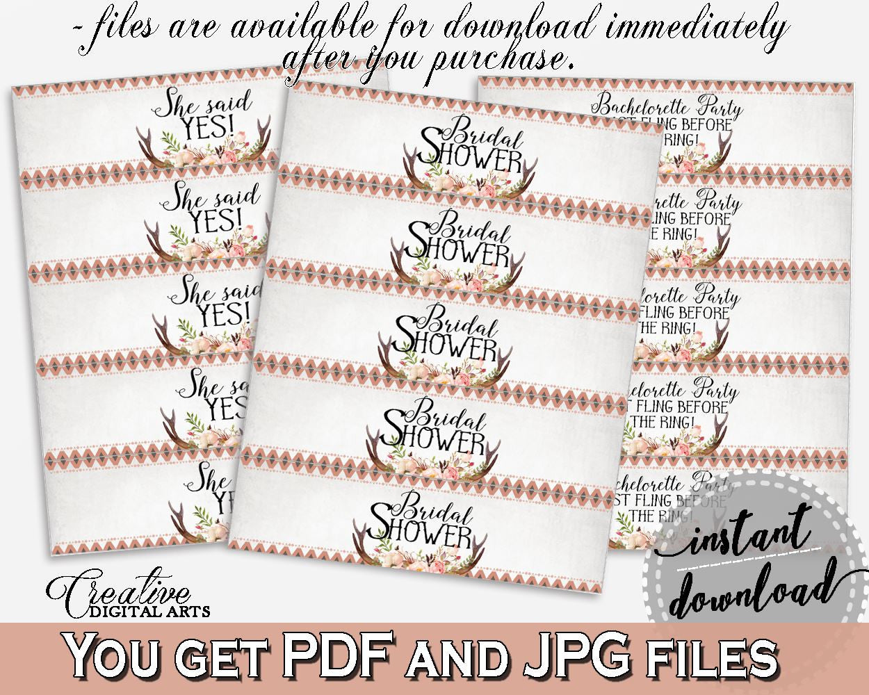 Gray and Pink Antlers Flowers Bohemian Bridal Shower Theme: Bottle Labels - custom labels, arrows vintage, party ideas, party décor - MVR4R - Digital Product