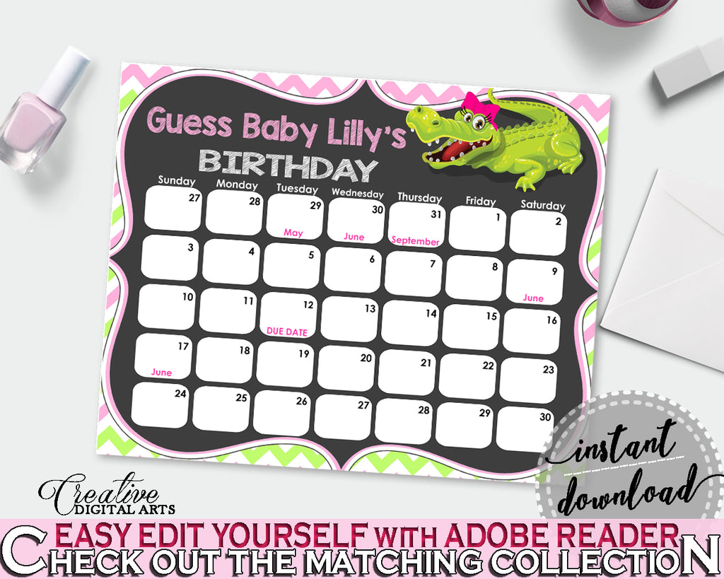 Baby Shower BIRTHDAY PREDICTION due date calendar editable with green alligator and pink color theme, instant download - ap001