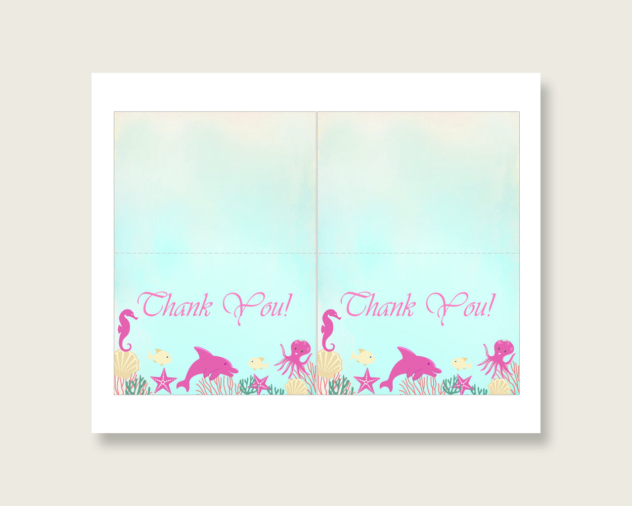 Pink Green Thank You Cards Printable, Under The Sea Baby Shower Thank You Notes, Girl Shower Thank You Folded, Instant Download, uts01