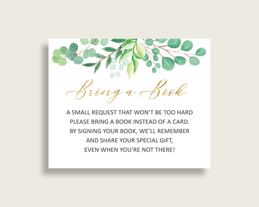 Greenery Baby Shower Bring A Book Insert Printable, Gender Neutral Green Gold Book Request, Greenery Books For Baby, Book Instead Of Y8X33