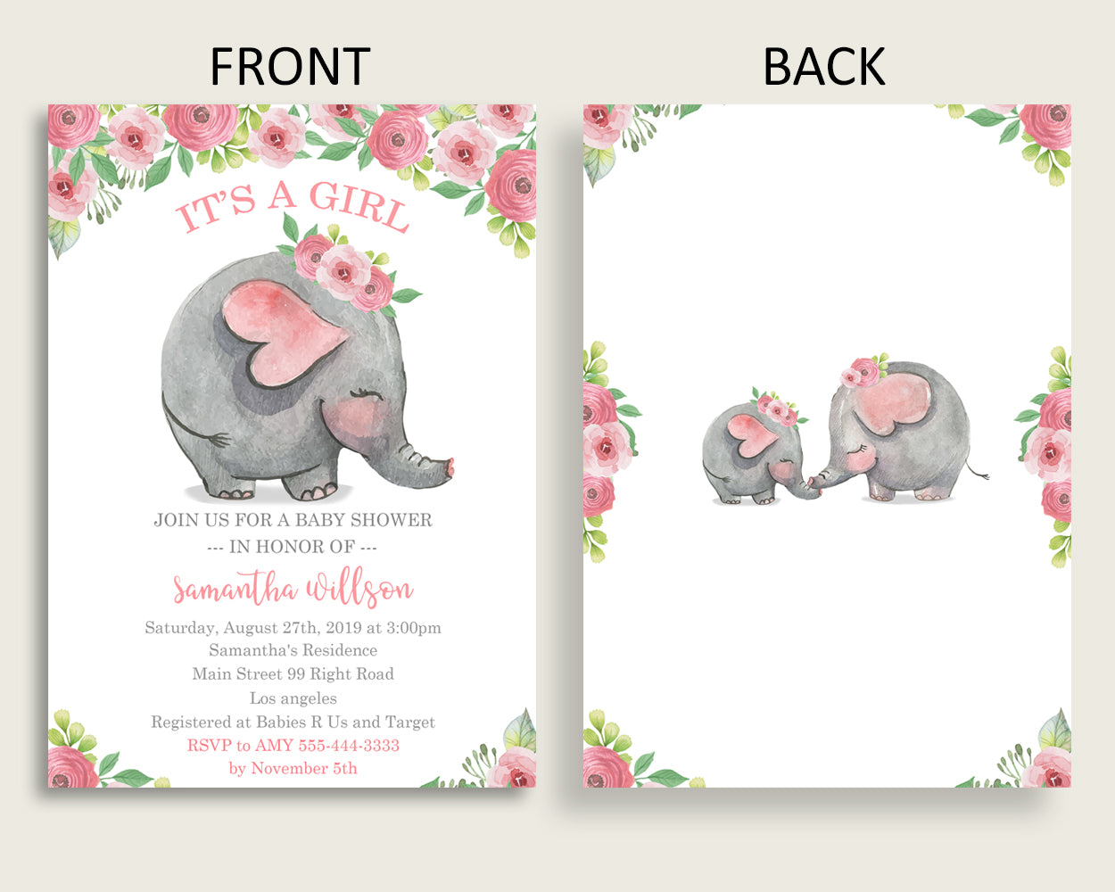 Pink Elephant Baby Shower Invitations Printable, Digital Or Printed Invitation Baby Shower Girl, Editable Invitation Pink Grey ep001
