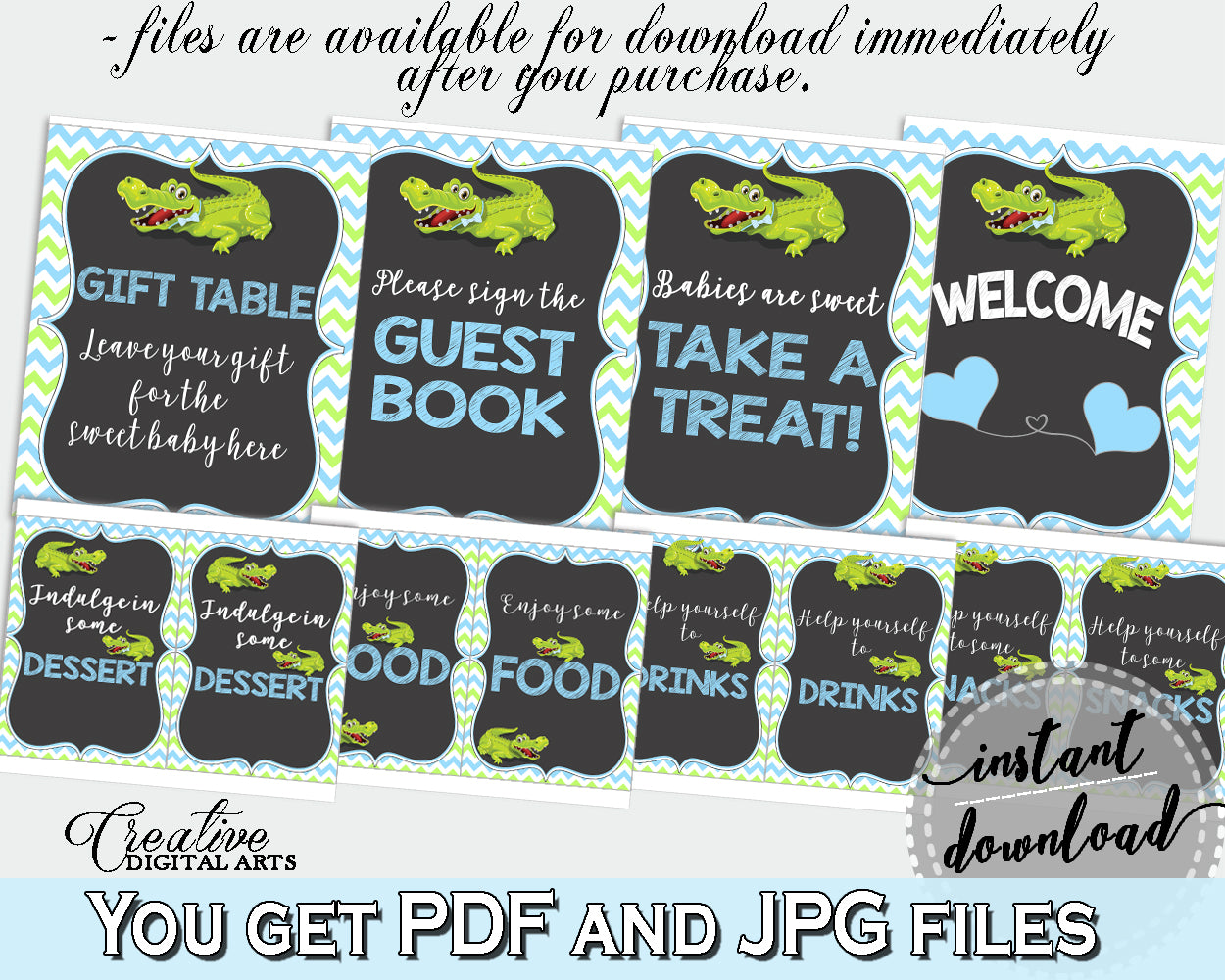 Baby shower TABLE SIGNS decoration printable with green alligator and blue color theme, instant download - ap002