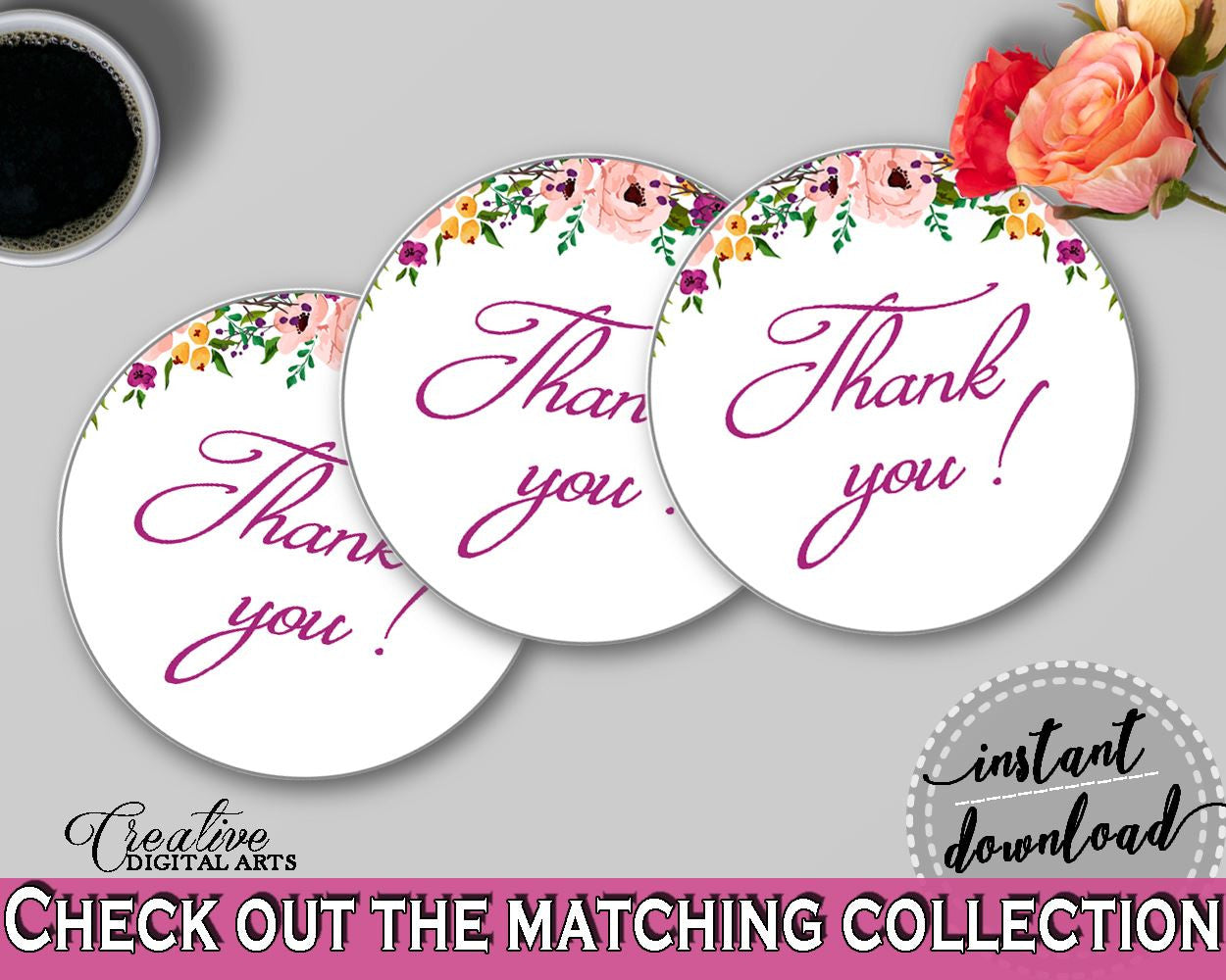 Thank You Tag in Watercolor Flowers Bridal Shower White And Pink Theme, round favor stickers, bridal shower floral, party ideas - 9GOY4 - Digital Product