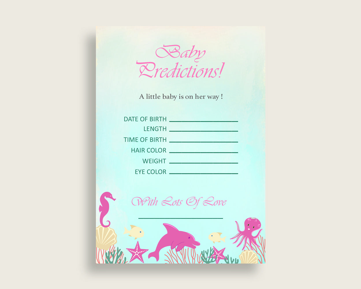 Under The Sea Baby Shower Prediction Cards & Sign Printable, Pink Green Baby Prediction Game Girl, Instant Download, Ocean Octopus uts01