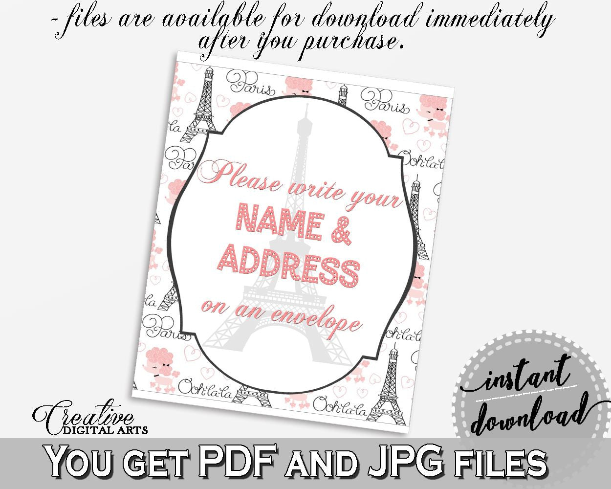 Write Your Name And Address Sign in Paris Bridal Shower Pink And Gray Theme, envelope addressing, ooh la la shower, prints, pdf jpg - NJAL9 - Digital Product