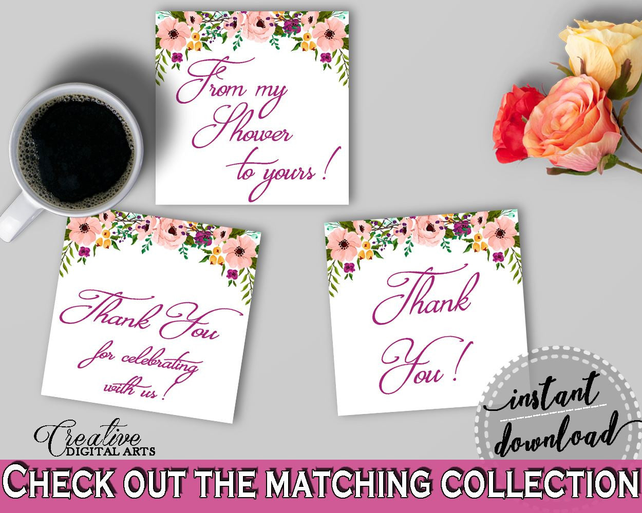 White And Pink Watercolor Flowers Bridal Shower Theme: Thank You Tags Square - favour tags, bridal shower floral, party ideas - 9GOY4 - Digital Product
