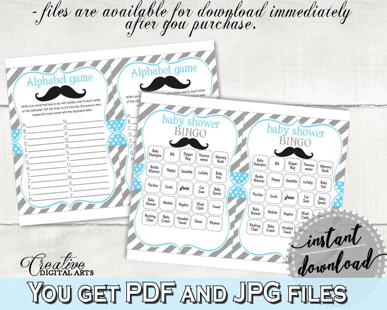 Games Package, Baby Shower Games Package, Mustache Baby Shower Games Package, Baby Shower Mustache Games Package Blue Gray prints 9P2QW - Digital Product