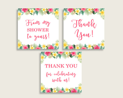 Hawaiian Baby Shower Square Thank You Tags 2 inch Printable, Pink Green Girl Shower Gift Tags, Hang Tags Labels, Instant Download 955MG