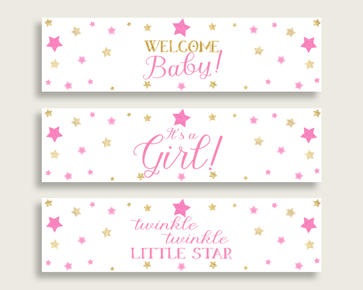Pink Gold Water Bottle Labels Printable, Twinkle Star Water Bottle Wraps, Twinkle Star Baby Shower Girl Bottle Wrappers, Instant bsg01