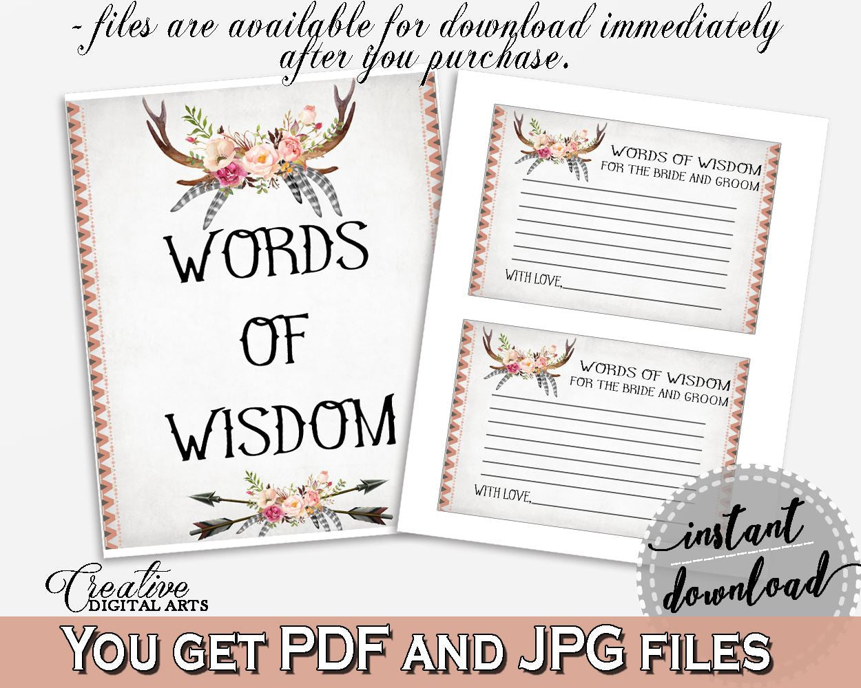 Antlers Flowers Bohemian Bridal Shower Words Of Wisdom For The Bride And Groom in Gray and Pink, words of wisdom card, party theme - MVR4R - Digital Product