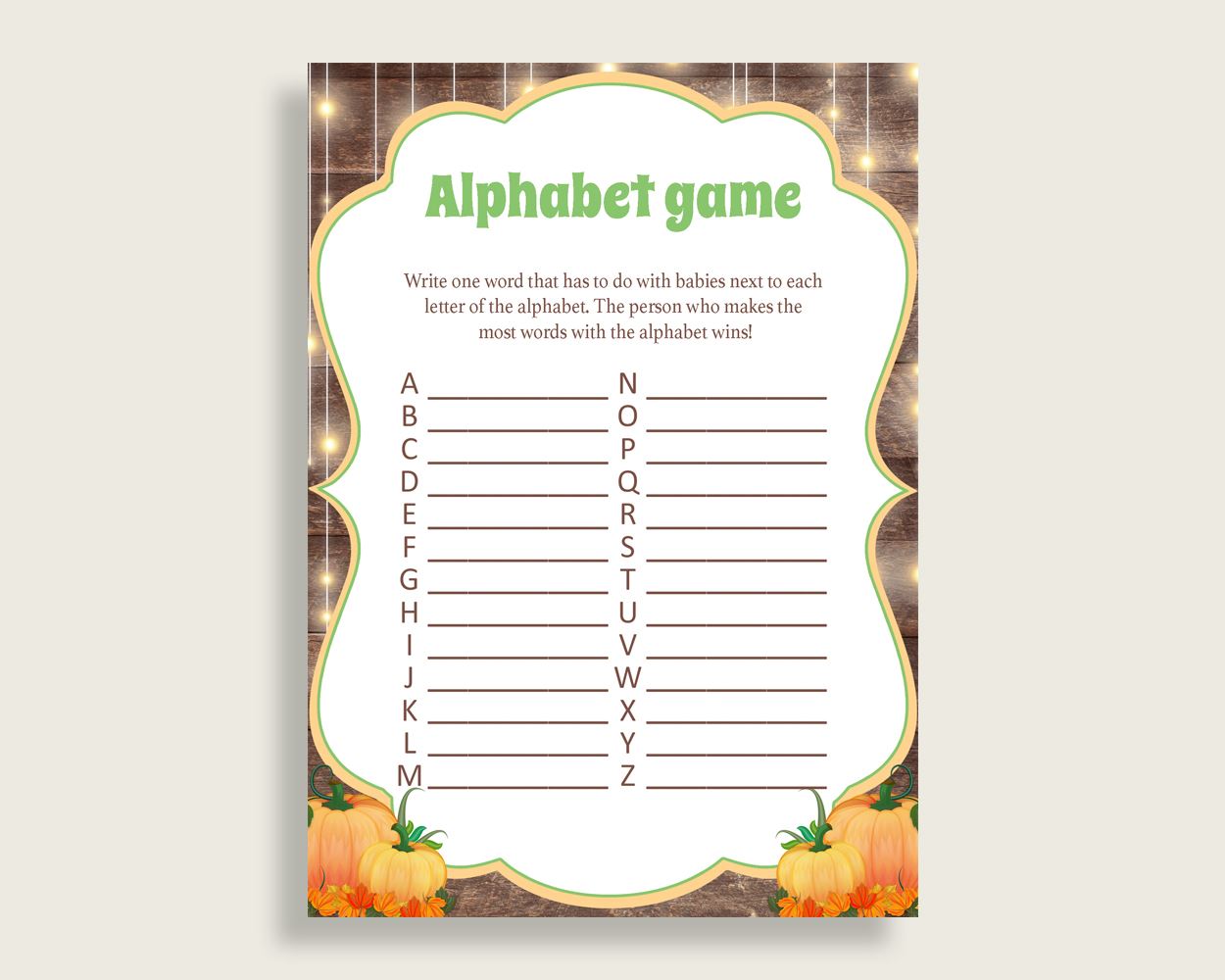 Alphabet Game Baby Shower Abc Game Autumn Baby Shower Alphabet Game Baby Shower Autumn Abc Game Brown Orange digital print pdf jpg 0QDR3 - Digital Product