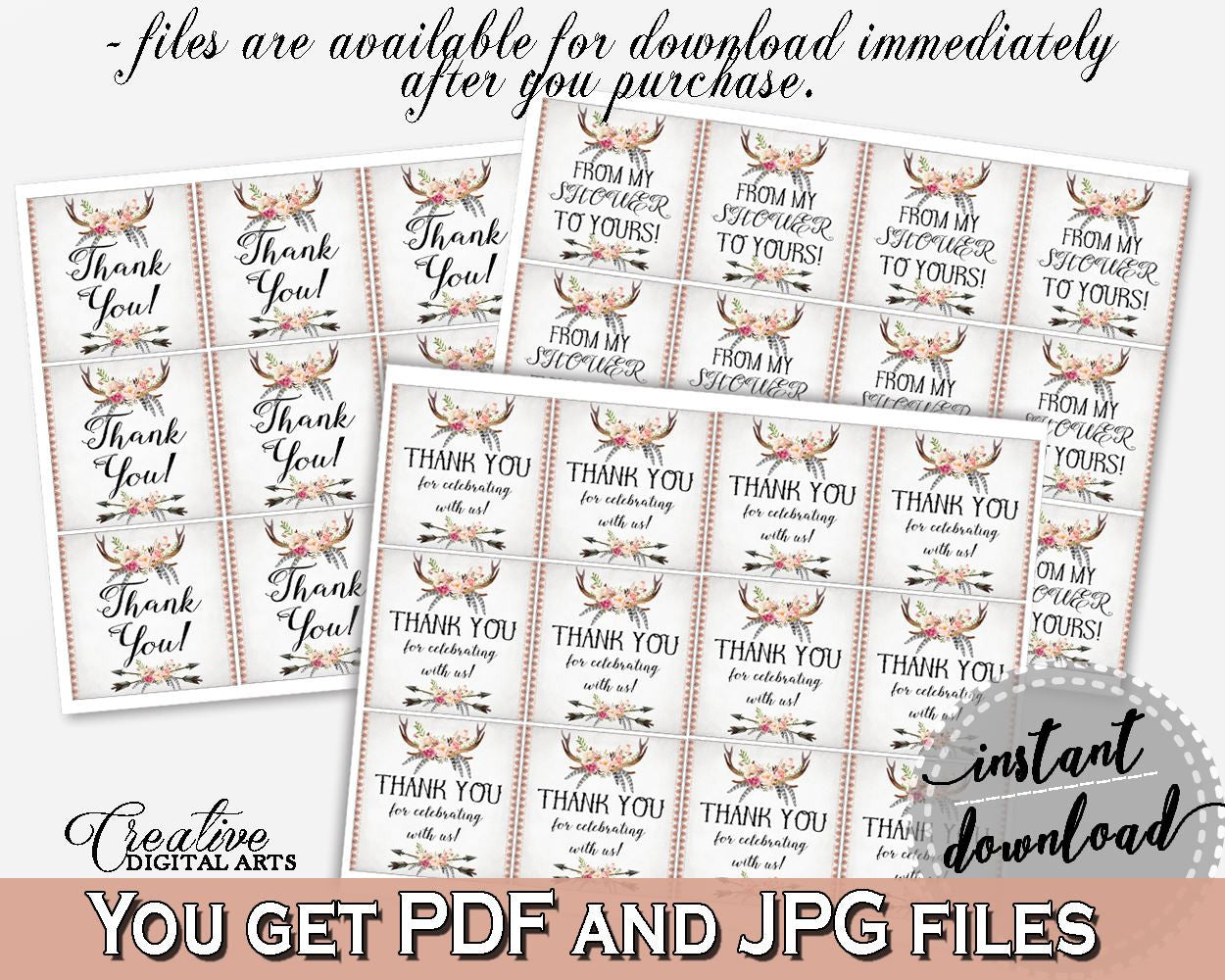 Antlers Flowers Bohemian Bridal Shower Thank You Tags Square in Gray and Pink, thanks tags, deer skull antlers, party decor, prints - MVR4R - Digital Product