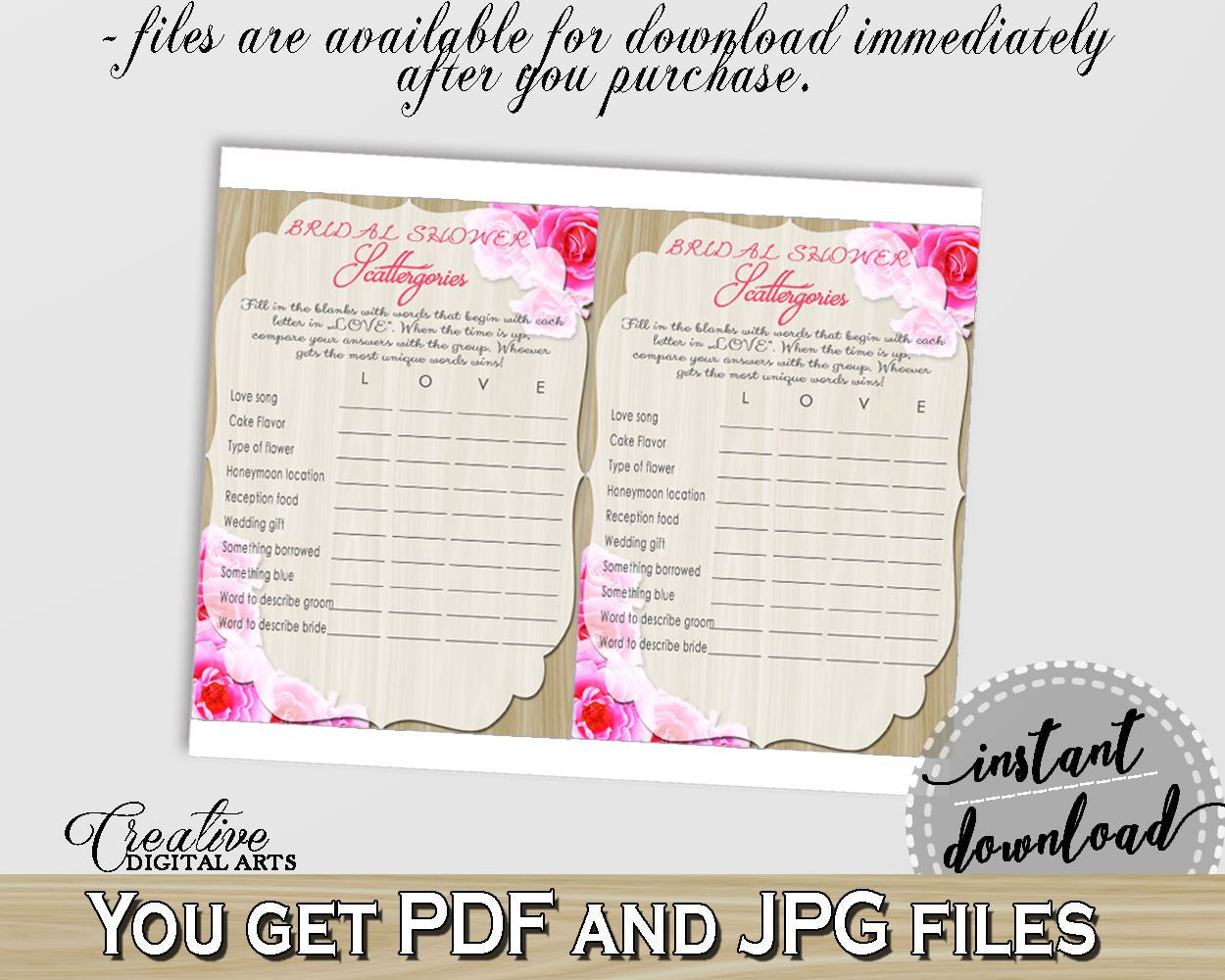 Pink And Beige Roses On Wood Bridal Shower Theme: Scattergories Game - shower scattergories, sandy color, party ideas, party décor - B9MAI - Digital Product