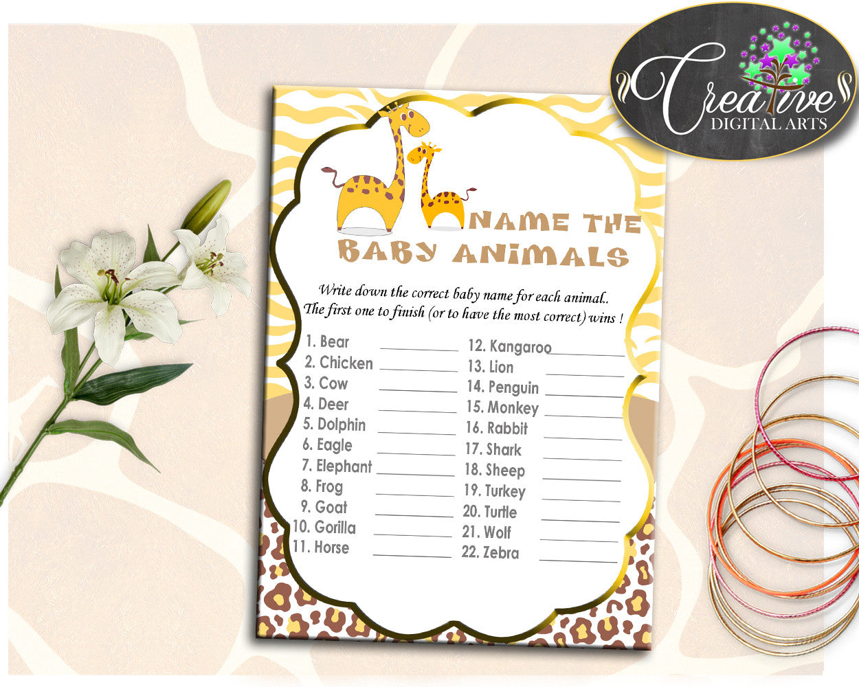 Giraffe Baby Shower NAME The BABY ANIMALS boy or girl baby shower game printable in brown yellow theme, Jpg Pdf, instant download - sa001