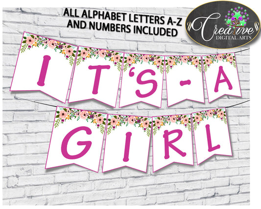 Baby shower girl Watercolor Flowers BANNER all letters decoration printable in floral pink theme, digital files, instant download - flp01