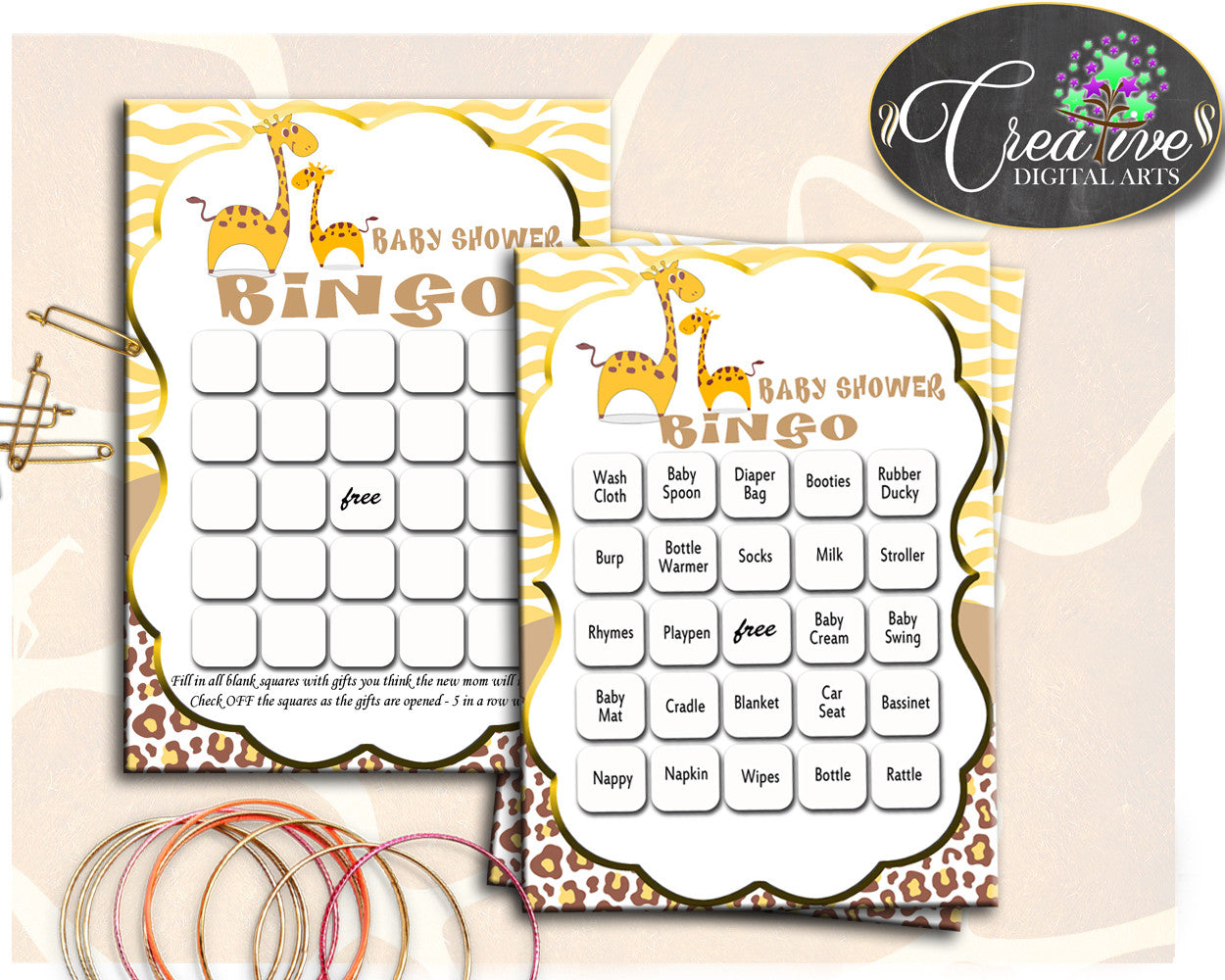Giraffe Baby Shower Boy or Girl BINGO 60 cards game and empty gift BINGO giraffe theme printable, digital Jpg Pdf, instant download - sa001