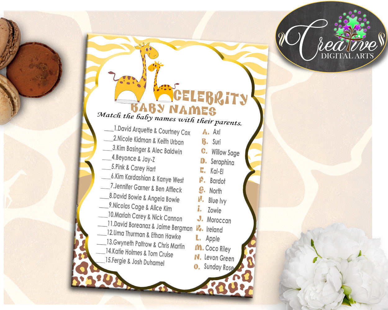 CELEBRITY BABY NAMES giraffe baby shower boy or girl game brown yellow theme printable, digital files, jpg pdf, instant download - sa001