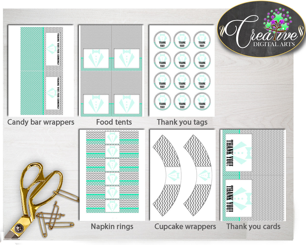 Little Man Baby Shower Boy Decoration package bundle printable mint green and gray chevron, digital files Jpg Pdf - Instant Download - lm001