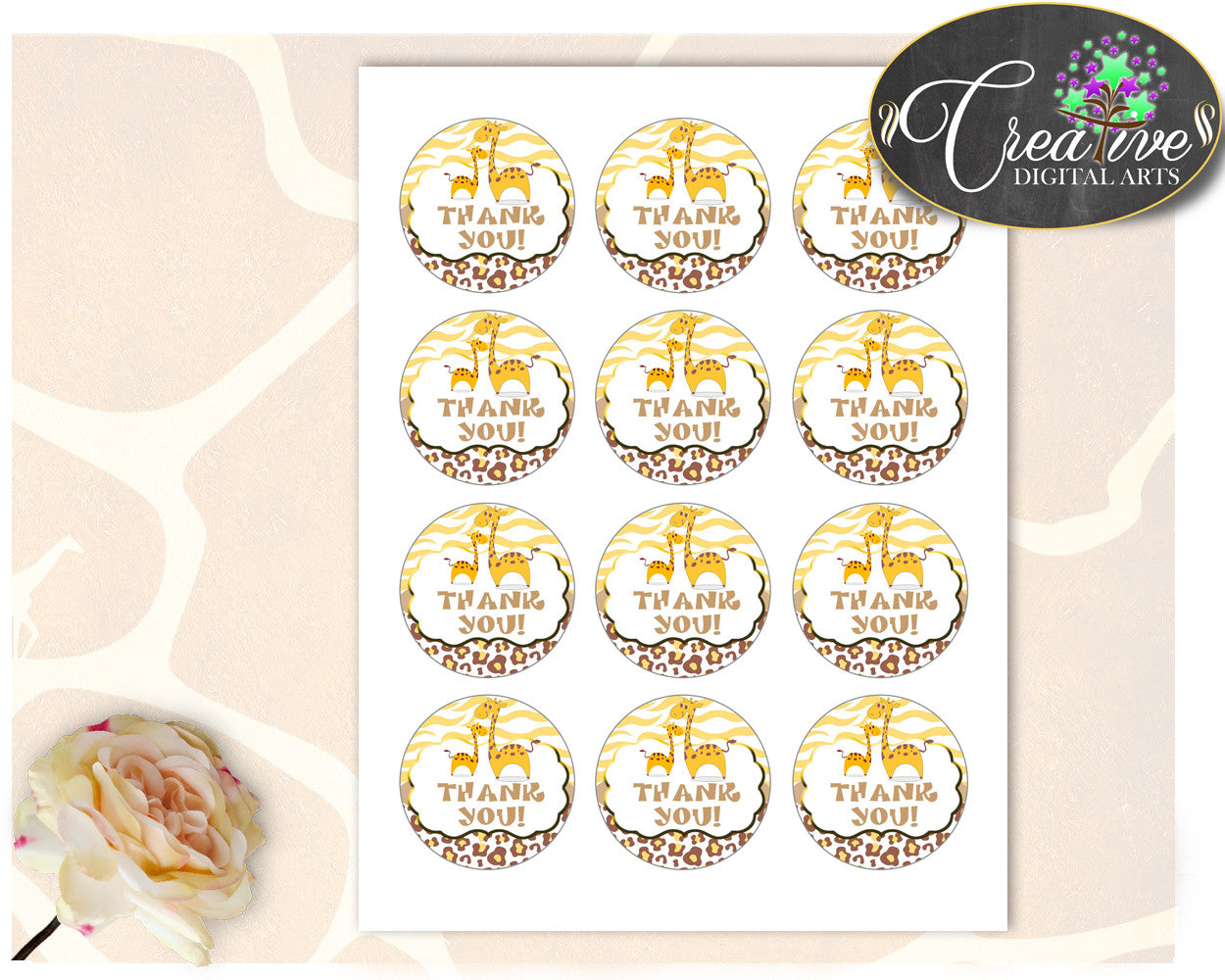 Giraffe Baby shower Boy Girl THANK YOU round tag or sticker printable in brown yellow theme, digital files Pdf Jpg, instant download - sa001