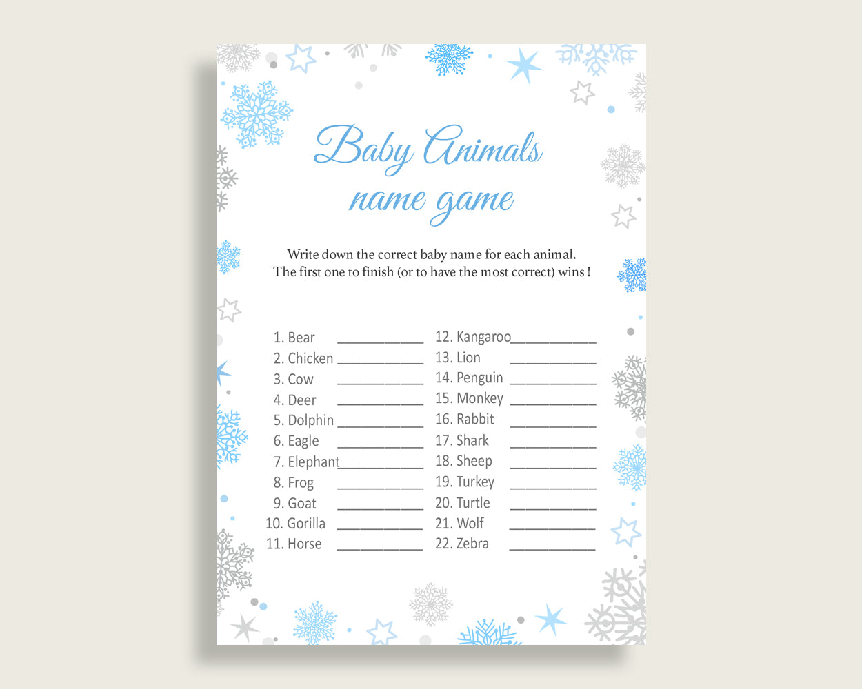 Baby Animal Names Baby Shower Baby Animal Names Snowflake Baby Shower Baby Animal Names Blue Gray Baby Shower Snowflake Baby Animal NL77H